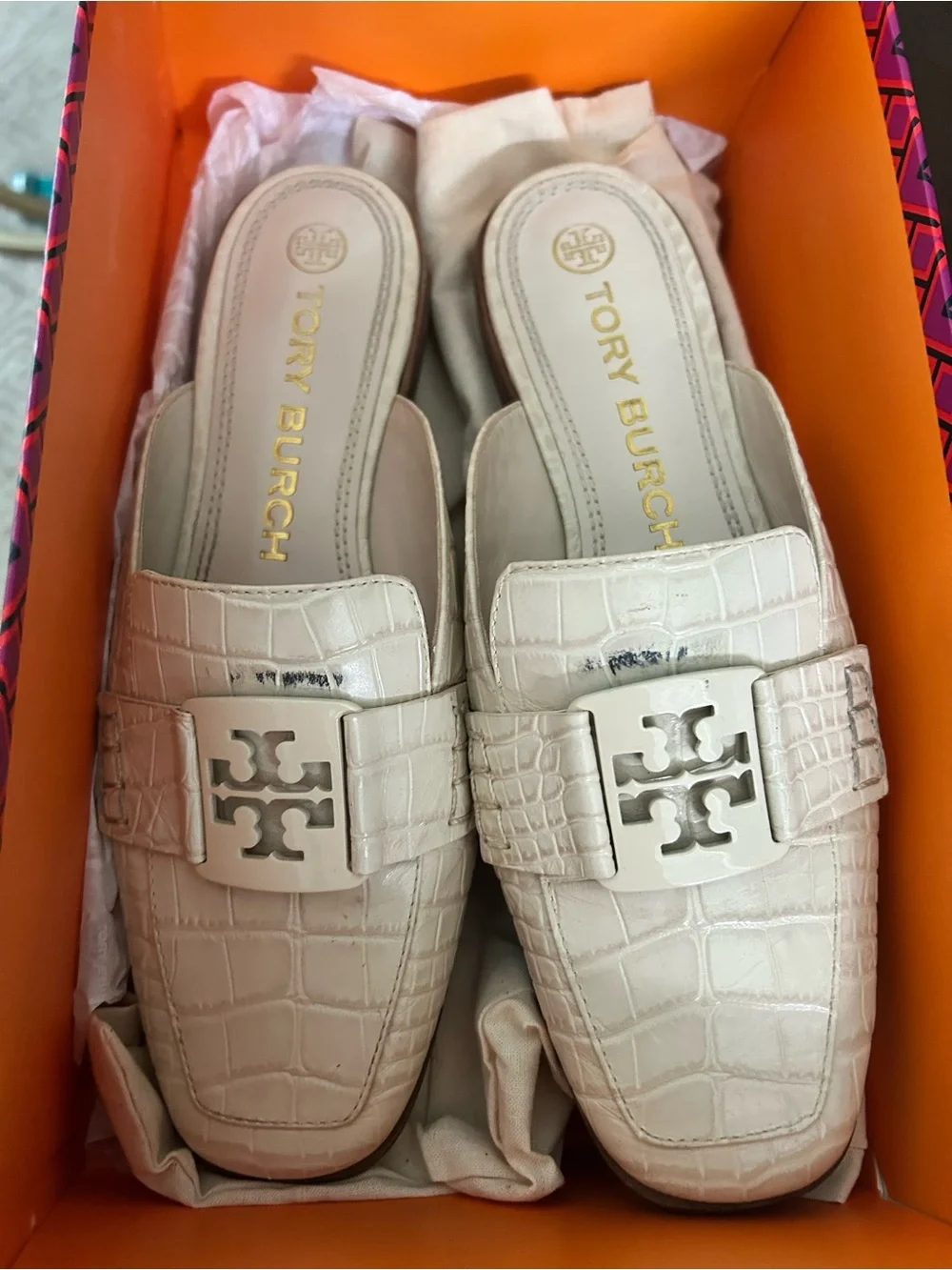 Tory Burch Cream Croc-Embossed Leather Logo Buckle Mule